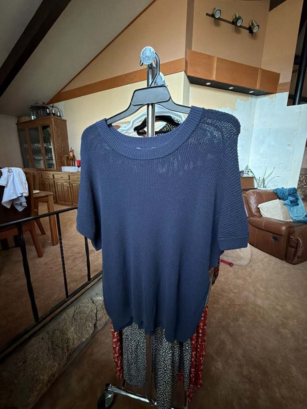 Terra & Sky Plus Size Open Stitch Dolman Crewneck Short Sleeve Sweater Dark Navy